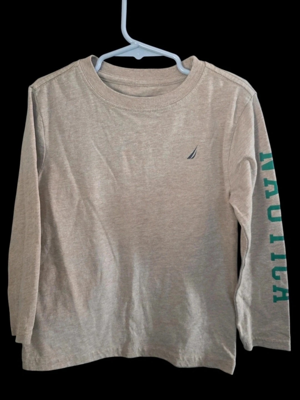 Nautica Tan Long Sleeve Tee with Green Sleeve Lettering
